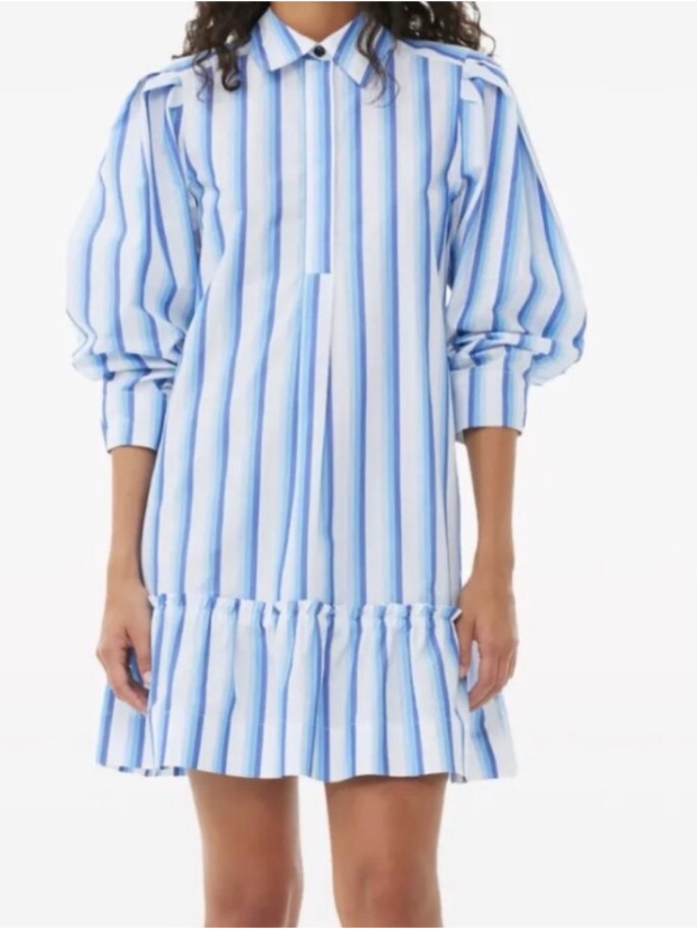 Ganni Blue and White Striped Puff-Sleeve Mini Dress size 40